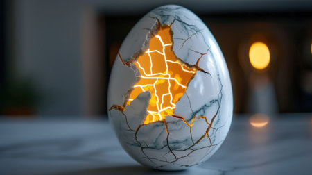 This stunning image features a uniquely cracked egg revealing a vibrant electric light inside, set against a sleek marble surface. The intricate patterns and glowing interior create a captivating visual that symbolizes creativity and energy.の素材