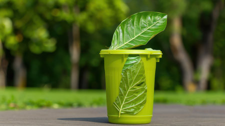 A vibrant green trash bin stands prominently outdoors, adorned with large leaves symbolizing eco-friendly waste disposal. This image captures the essence of sustainability in a clean environment.の素材