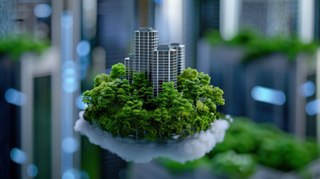 This captivating image presents a futuristic cityscape featuring sleek skyscrapers nestled amidst vibrant green trees, suspended in soft clouds, symbolizing eco-friendly urban environments.の素材