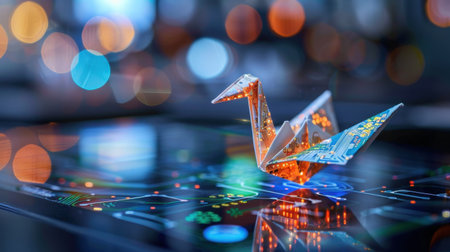 A stunning origami crane sits atop a vibrant digital circuit board, illuminated by soft bokeh lights, creating a harmonious blend of art and technology.の素材