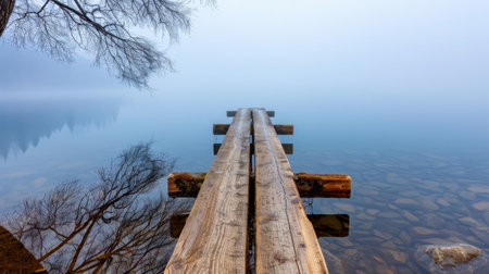 A wooden pier disappears into a serene misty lake, creating a peaceful atmosphere perfect for reflection and tranquility in nature.の素材
