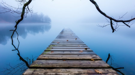 A serene and tranquil scene featuring a wooden pier extending into a foggy lake, flanked by bare branches and autumn leaves, creating a peaceful atmosphere.の素材