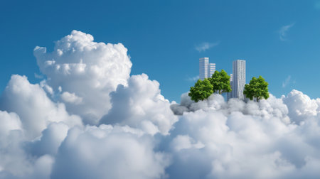 A surreal scene depicting skyscrapers emerging from lush greenery amidst fluffy clouds, representing a dreamlike vision of nature and urban harmony.の素材