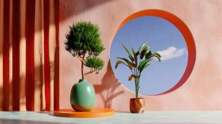 This vibrant indoor scene features carefully arranged plants in stylish vases, set against a colorful backdrop and circular window. Perfect for decor inspiration and creative ideas for indoor spaces.の素材