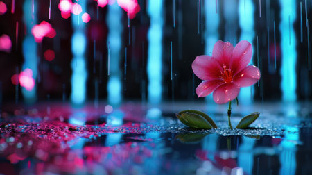 A striking single pink flower emerges from a shimmering surface amidst rain, enhanced by vibrant neon lights reflecting a captivating beauty in nature.の素材