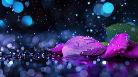 This stunning image captures a delicate pink flower petal adorned with droplets, set against a dark background illuminated by shimmering bokeh lights, evoking a sense of peace and beauty.の素材