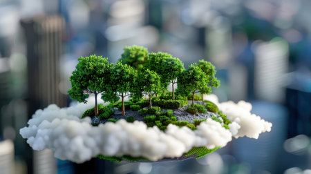 This stunning image features a floating island adorned with vibrant green trees, enveloped in soft clouds, set against a futuristic cityscape backdrop.の素材