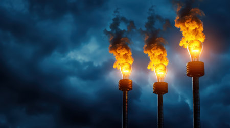 A striking image of light bulbs producing flames, set against a dark and dramatic stormy sky, evoking themes of energy and creativity.の素材