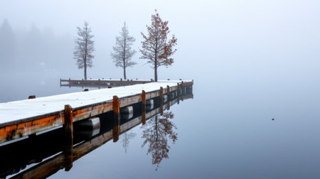 A serene foggy lake scene featuring a wooden pier and autumn trees reflecting in the calm water, creating a peaceful atmosphere in nature.の素材