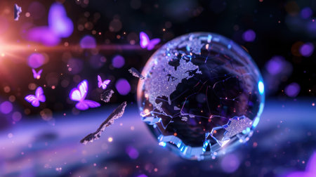 A mesmerizing image of a glass-encased Earth amidst floating butterflies, creating an enchanting cosmic atmosphere filled with color and beauty.の素材
