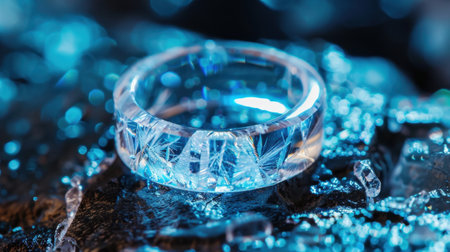 This close-up image captures a stunning crystal ring amidst glistening ice, reflecting vibrant light in a dark setting, showcasing exquisite craftsmanship and detail.の素材