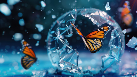 A mesmerizing scene featuring butterflies emerging from a shattered glass sphere, symbolizing beauty and transformation amidst a colorful dreamlike atmosphere.の素材