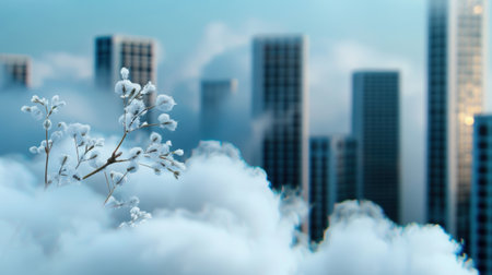 A delicate frosty plant stands out against a misty cityscape, where modern high-rise buildings rise through clouds, evoking tranquility and beauty.の素材