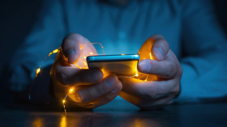 A close-up image showing hands gripping a smartphone while surrounded by glowing LED lights in a dimly lit setting, creating a captivating visual experience.の素材