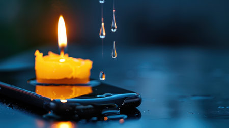A serene composition featuring a glowing yellow candle resting on a wet smartphone, with water drops cascading down, creating a tranquil nighttime atmosphere.の素材