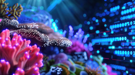 This captivating image combines a colorful coral reef scene with digital binary code, depicting a unique fusion of marine life and technology.の素材