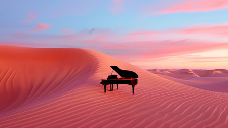 A striking scene featuring a grand piano positioned on undulating sand dunes at sunset. The vibrant sky and soft clouds complement the serenity of the desert landscape, creating an inspiring atmosphere for creativity.の素材