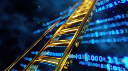 A striking visual of a golden ladder ascending into a digital cosmos filled with binary code, symbolizing growth, innovation, and the endless potential of technology.の素材