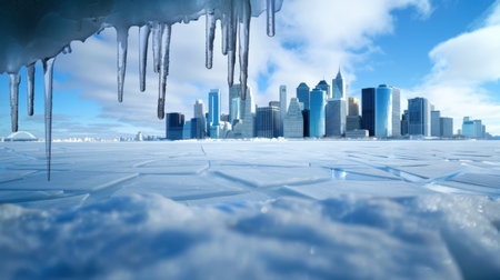 Stunning icy landscape showcasing a city skyline with towering skyscrapers, framed by glistening ice and snow under a bright blue sky.の素材