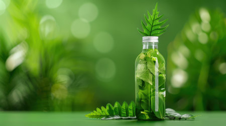 A captivating glass bottle showcasing fresh green leaves against a vivid green backdrop, evoking a sense of nature and wellness with a soft bokeh effect.の素材