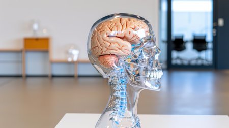 This transparent human skull model displays intricate details of the brain, nerves, and arterial structure, ideal for educational purposes or scientific demonstrations in modern medical settings.の素材