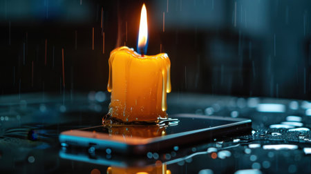 A captivating image featuring a single burning candle resting on a smartphone. Melting wax flows over the device while raindrops create a serene atmosphere.の素材