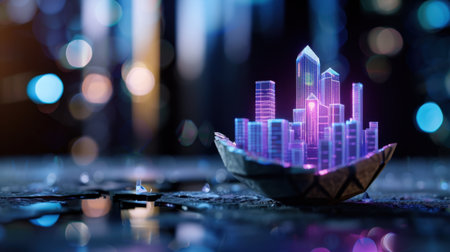 A captivating depiction of a futuristic cityscape presented within a paper boat, featuring vibrant neon lights reflecting in a modern urban environment.の素材