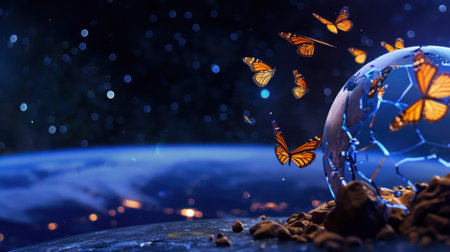 A captivating scene featuring butterflies flying around a glass globe with Earth in the background. This image symbolizes nature's beauty and the concept of transformation in a surreal and magical setting.の素材