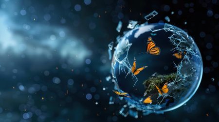 A stunning visual composition featuring butterflies inside a shattered glass globe, surrounded by an ethereal atmosphere and nature's beauty.の素材