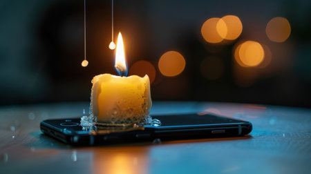 A beautifully lit scene featuring a flickering candle atop a smartphone, surrounded by water droplets and a soft bokeh background, creating a cozy atmosphere.の素材