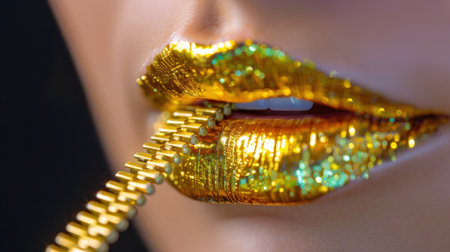 This close-up image showcases stunning lips adorned with shimmering gold and green lipstick, featuring a unique zip detail for a striking aesthetic.の素材