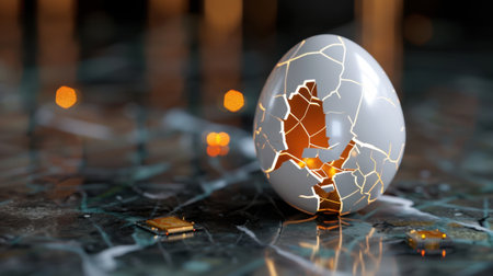 A beautifully cracked white egg sits on a polished marble surface, glowing warmly from within. Shattered pieces surround it, creating an artistic feel.の素材