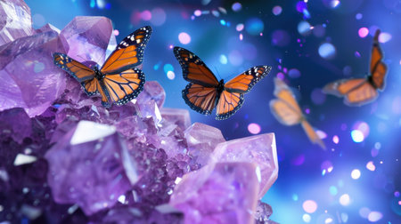 Monarch butterflies gracefully hover over vibrant purple crystals, creating a stunning visual effect with sparkling elements in the background.の素材