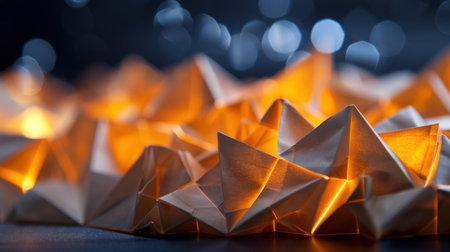 This captivating image features illuminated origami paper structures that create a stunning abstract composition. The warm glow and intricate textures highlight the artistry and creativity in the craft. Perfect for showcasing the beauty of paper art.の素材