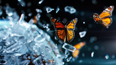 This captivating image features vibrant Monarch butterflies soaring through a backdrop of shattered glass, showcasing beauty and fragility.の素材