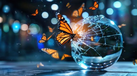 This striking image features a broken globe surrounded by vibrant butterflies. It symbolizes transformation and beauty, showcasing nature's resilience in an artistic manner.の素材