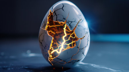 A stunning image of a cracked egg featuring intricate textures and glowing light emanating from within, symbolizing energy and fragility in a surreal context.の素材