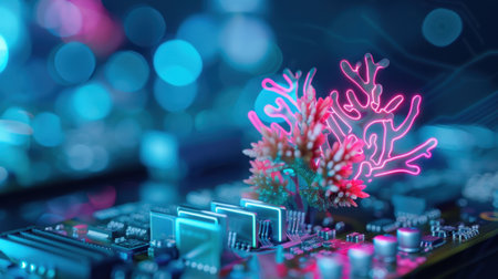 This captivating image features a vibrant electronic circuit board overlaid with a stunning neon coral design, set in a colorful abstract background.の素材