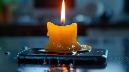 A vibrant orange candle melts atop a smartphone, creating a striking visual contrast between technology and artistic expression. The warm flame adds a cozy ambiance.の素材
