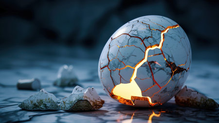 A stunning cracked egg emits a warm glow in a dark abstract setting, symbolizing new beginnings and creativity, surrounded by pieces of broken shell.の素材