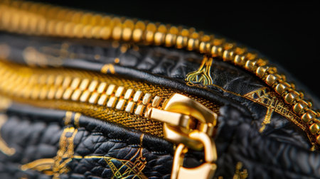 This close-up image features a luxurious black leather purse with a striking gold zipper. Intricate embossed designs enhance its elegance, perfect for showcasing high-end fashion.の素材
