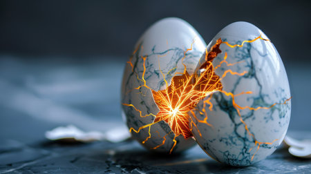 A pair of creatively designed cracked eggs reveals a stunning glowing light, set against a dark background. This artistic image symbolizes transformation and creativity.の素材