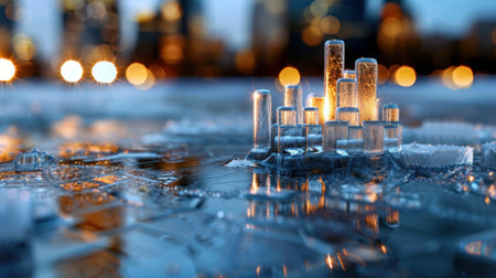 A mesmerizing cityscape created from ice, featuring illuminated structures against a blurred urban background. This unique artwork captures the beauty of winter.の素材