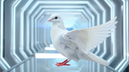 A stunning white dove gracefully spreads its wings in a futuristic setting, embodying peace and beauty against a sleek abstract backdrop.の素材