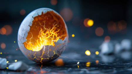 A stunning close-up of a cracked egg shell emanating a glowing explosion effect, set against a dark background, evoking a sense of magic and mystery.の素材