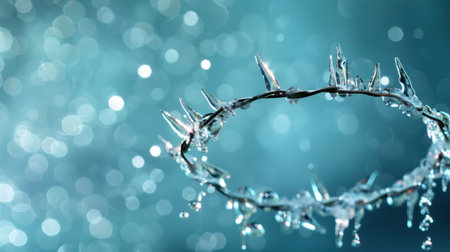 This artistic photograph captures glistening ice droplets perched on barbed wire, set against a beautiful blue bokeh background, evoking winter elegance.の素材
