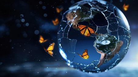 This captivating image showcases monarch butterflies gracefully surrounding a delicate globe, symbolizing the intricate balance of nature's beauty and vulnerability.の素材