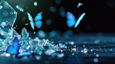 This striking image captures blue butterflies gently flying away from shattered glass, creating a mesmerizing visual display with sparkling effects.の素材