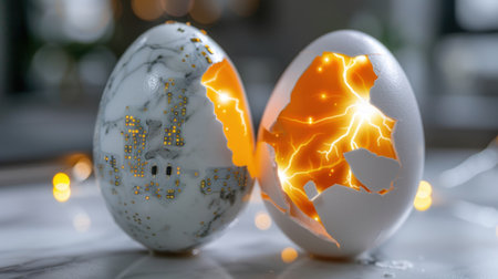 This striking image features a cracked marble egg and a white egg, both illuminated with glowing orange light and electric sparks, creating a captivating visual contrast.の素材
