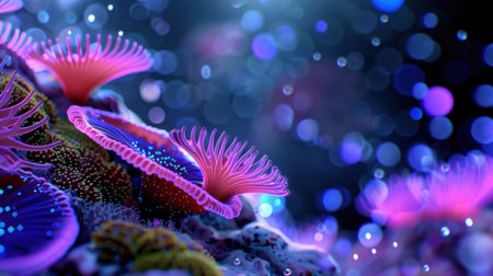 A stunning underwater scene showcases colorful marine plants with vibrant hues and abstract bokeh bubbles, creating a dreamy and enchanting atmosphere.の素材